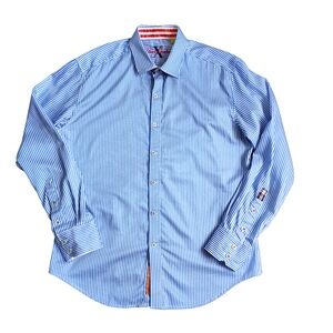 Robert Graham X Mens Blue Striped Button-Up Tailored Shirt‎ Flip Cuff, Sz Large